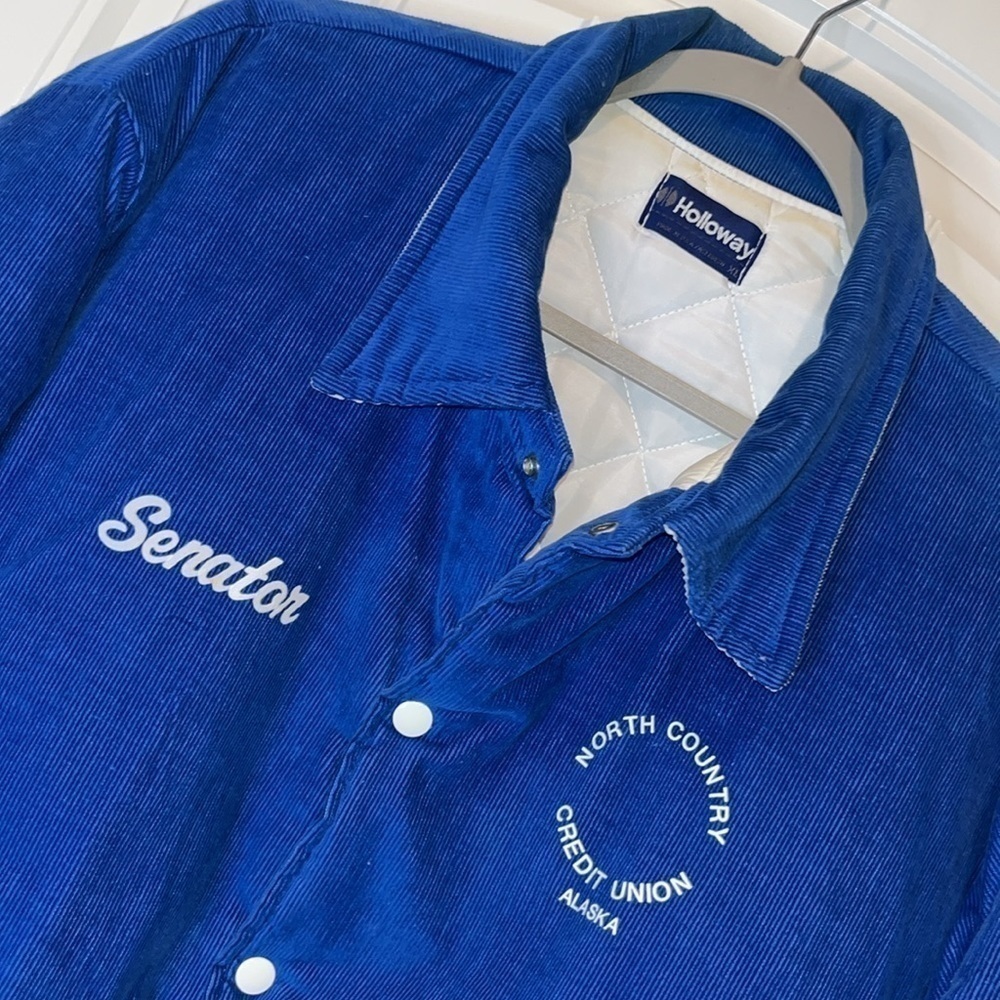 Rare Vintage blue corduroy trucker jacket coat embroidered Senator Alaska L/XL - Picture 6 of 16